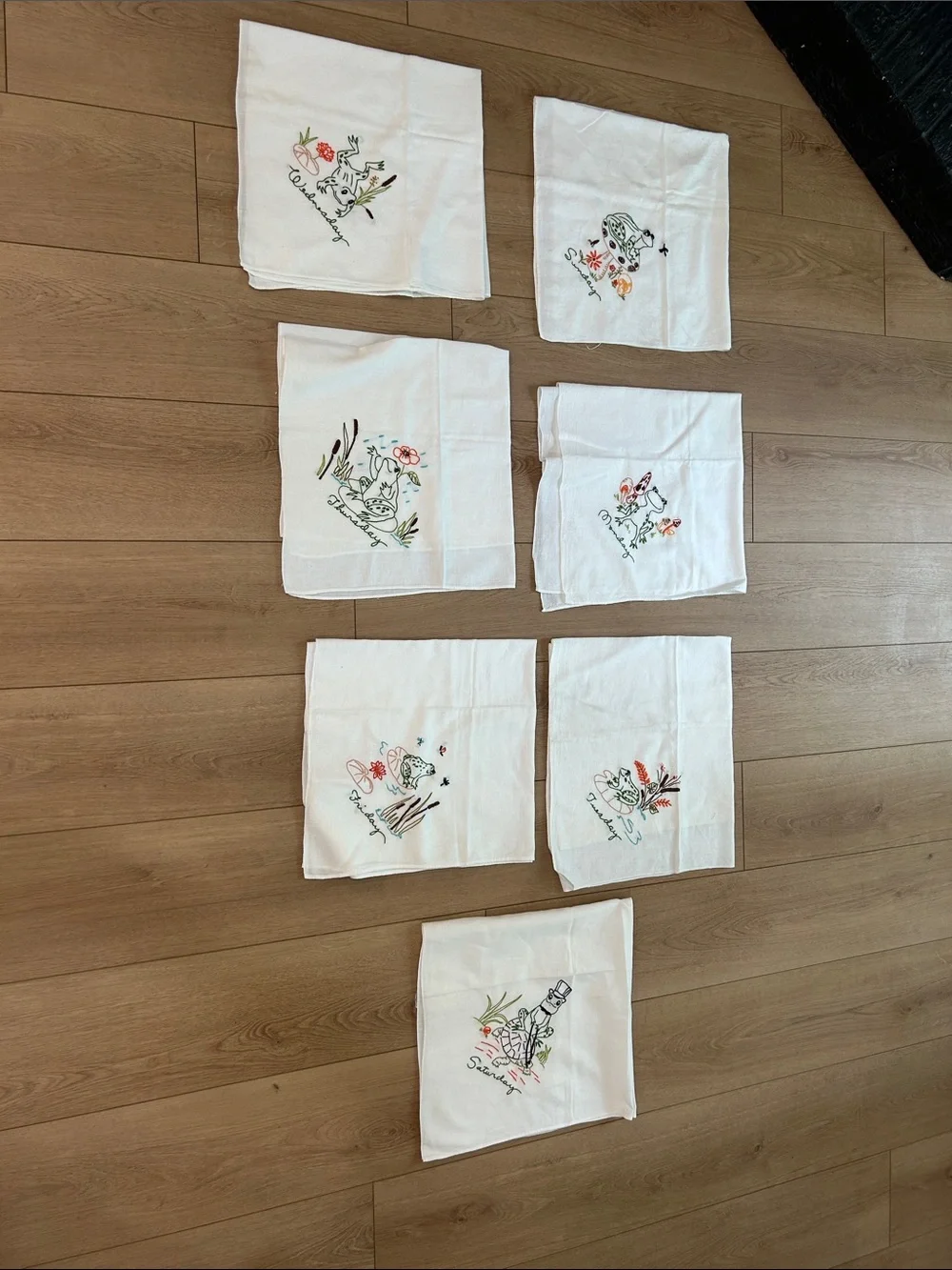 Vintage Hand Embroidered Frog Tea Towels Set